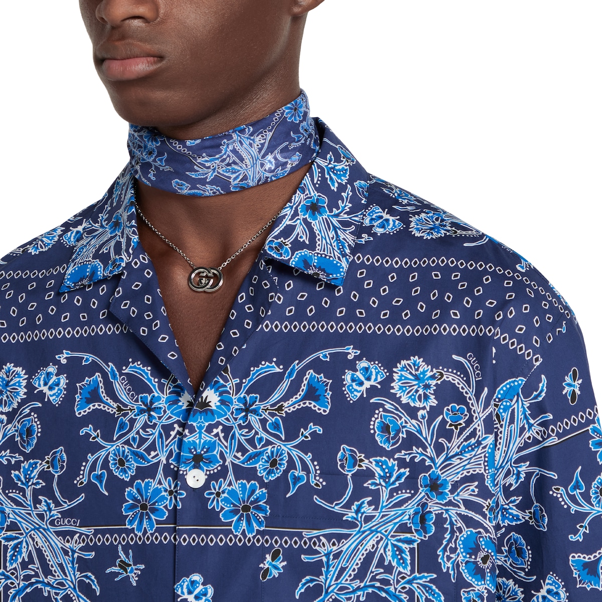 プリント コットンポプリン ボウリングシャツ ・ブルー | GUCCI公式