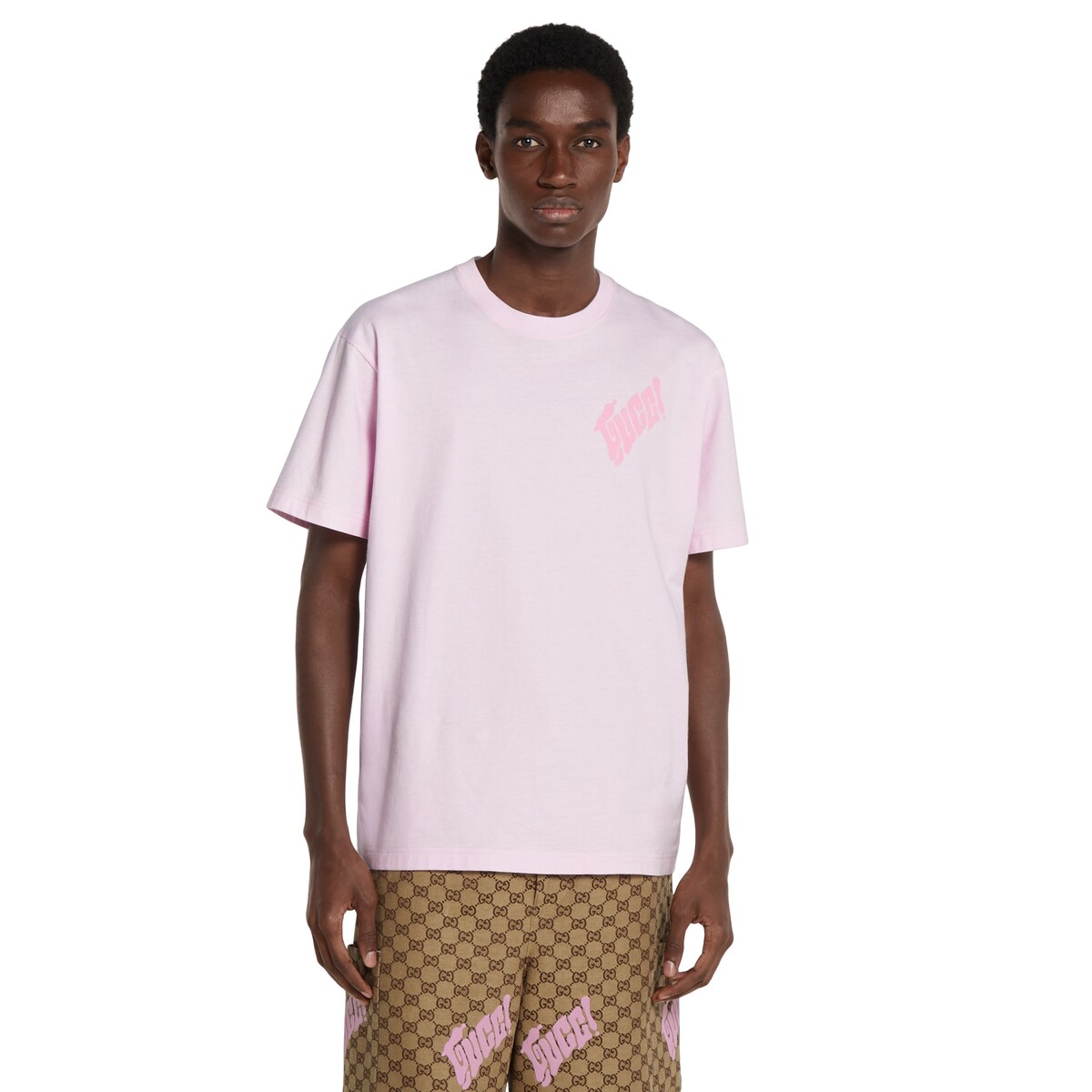 Cotton jersey T-shirt with Gucci logo in light pink | GUCCI® CA