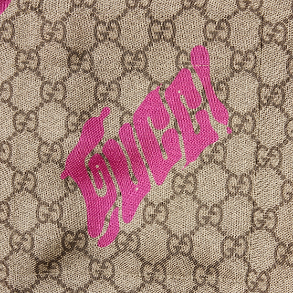 Printed silk twill bowling shirt in beige, brown and fuchsia