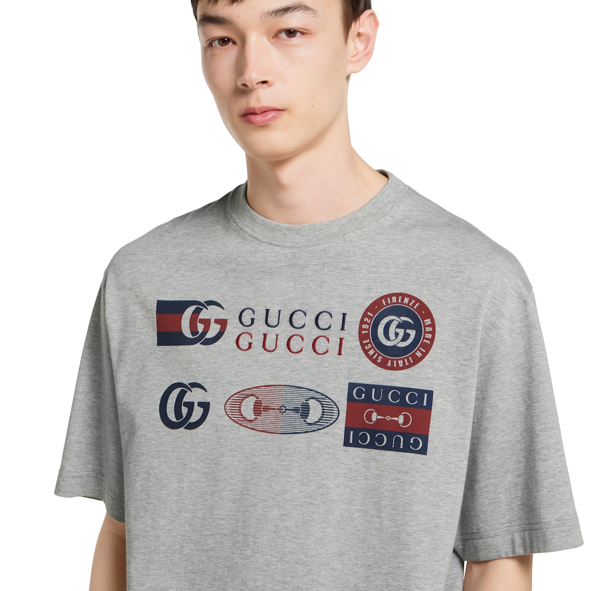 Printed cotton jersey T-shirt in light grey | GUCCI® US