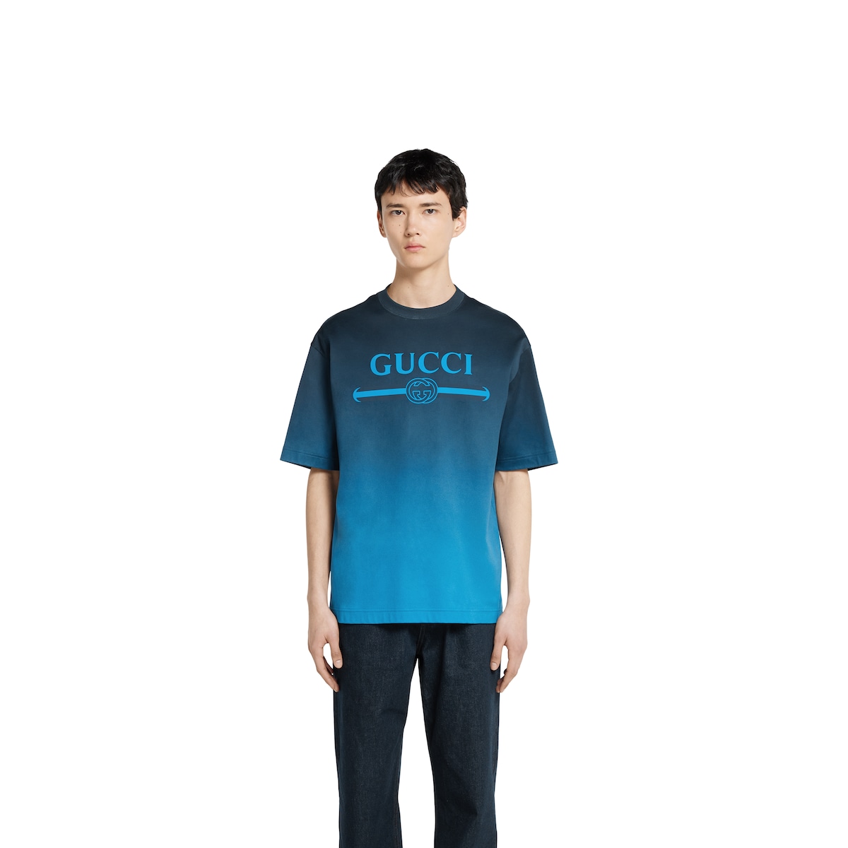 Technical cotton jersey T-shirt with print in gradient blue