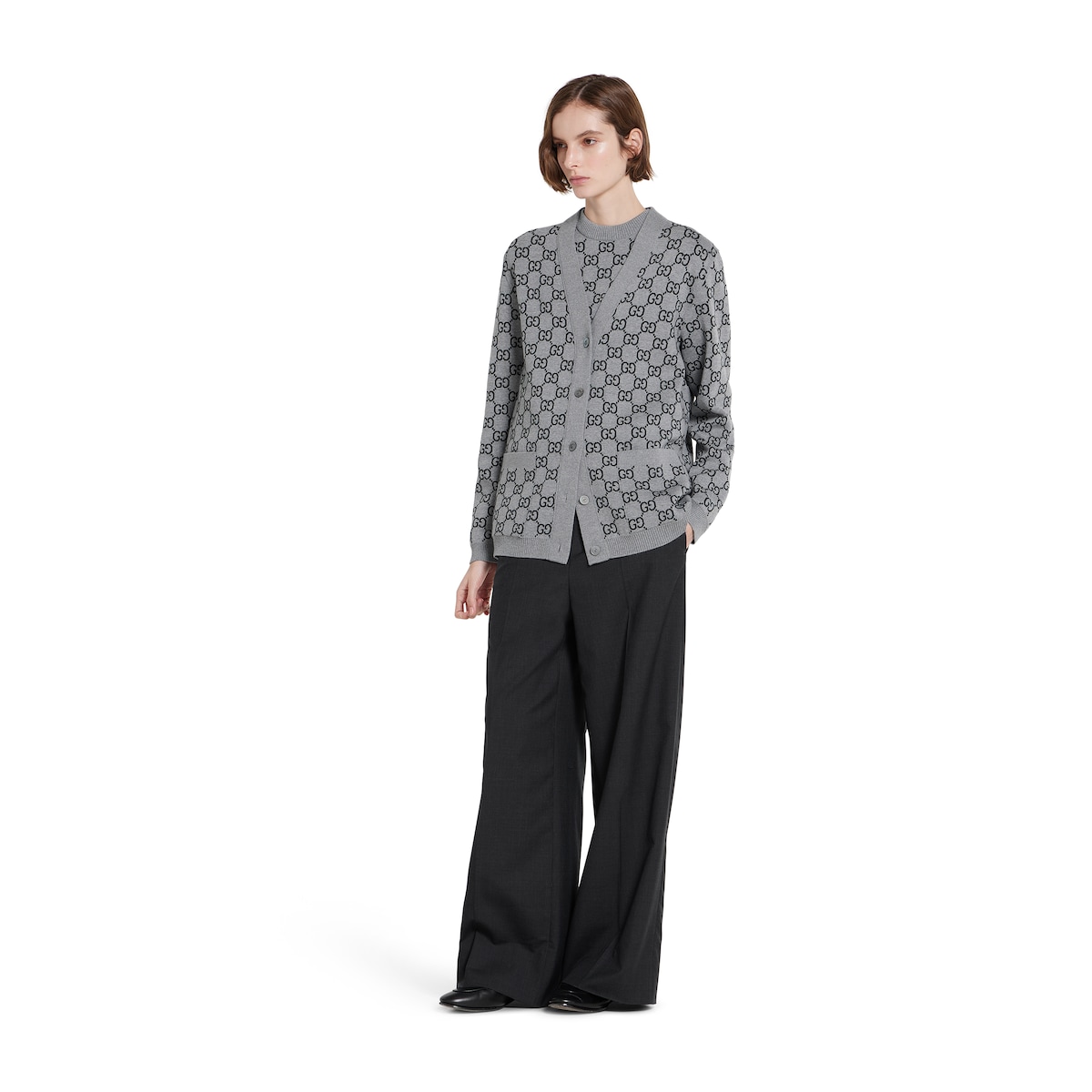 Reversible GG wool jacquard cardigan in grey and black