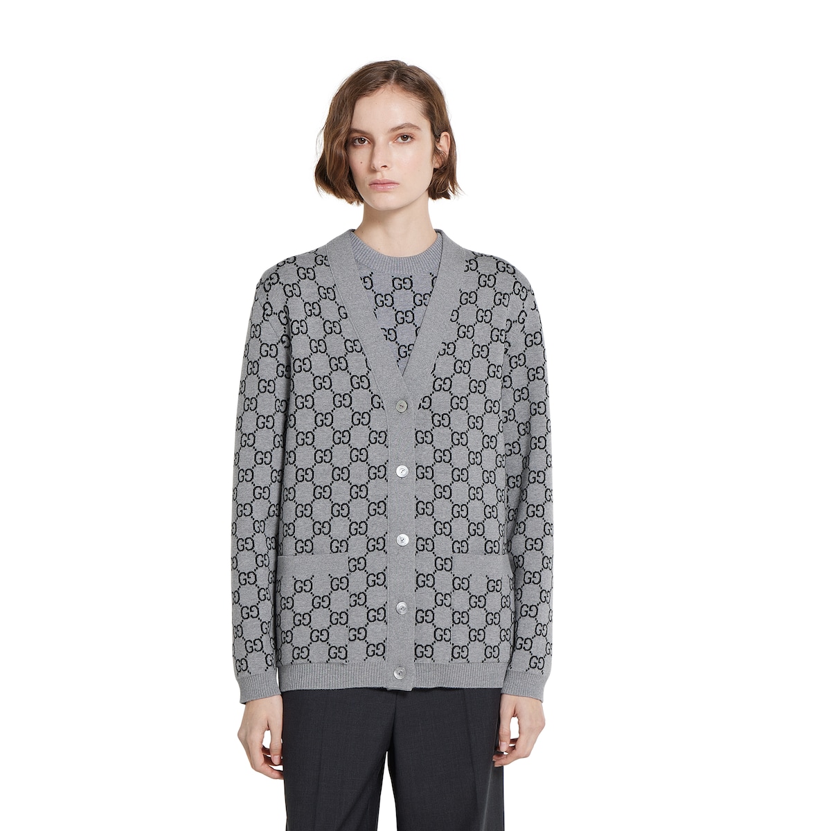 Reversible GG wool jacquard cardigan in grey and black | GUCCI® US