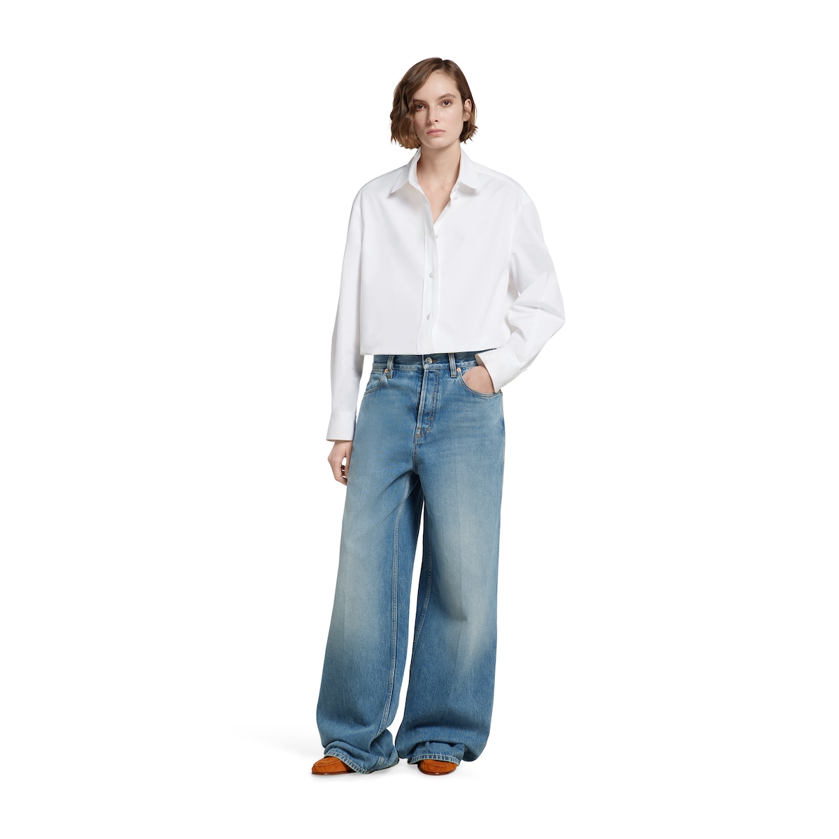 Wide leg denim pants in light blue | GUCCI® US
