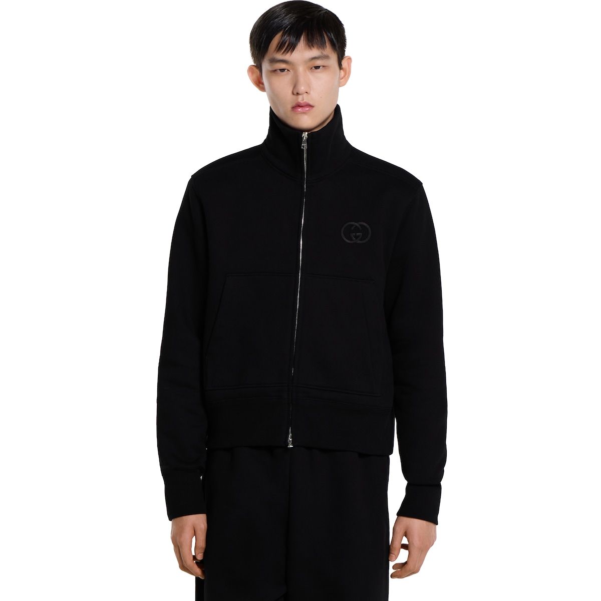 Brushed cotton jersey zip sweatshirt in black | GUCCI® US