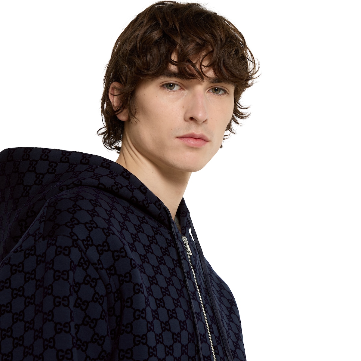 JS ネイビー Printed double jersey viscose zip jacket in navy | GUCCI® CA