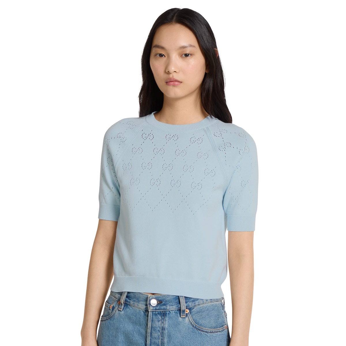 GG cotton crewneck top in pale blue | GUCCI® US