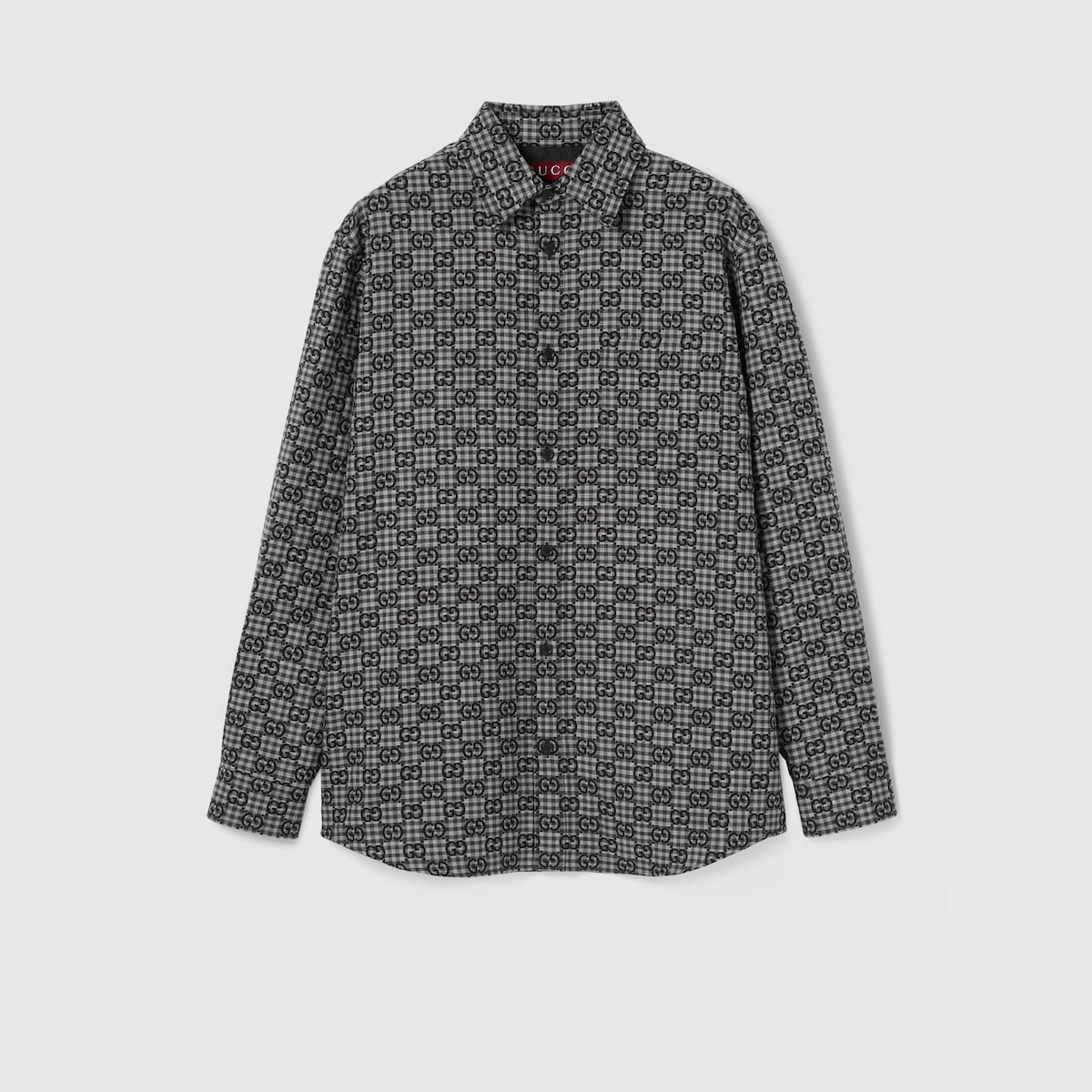 GG gingham cotton wool jacquard shirt in grey and dark grey 