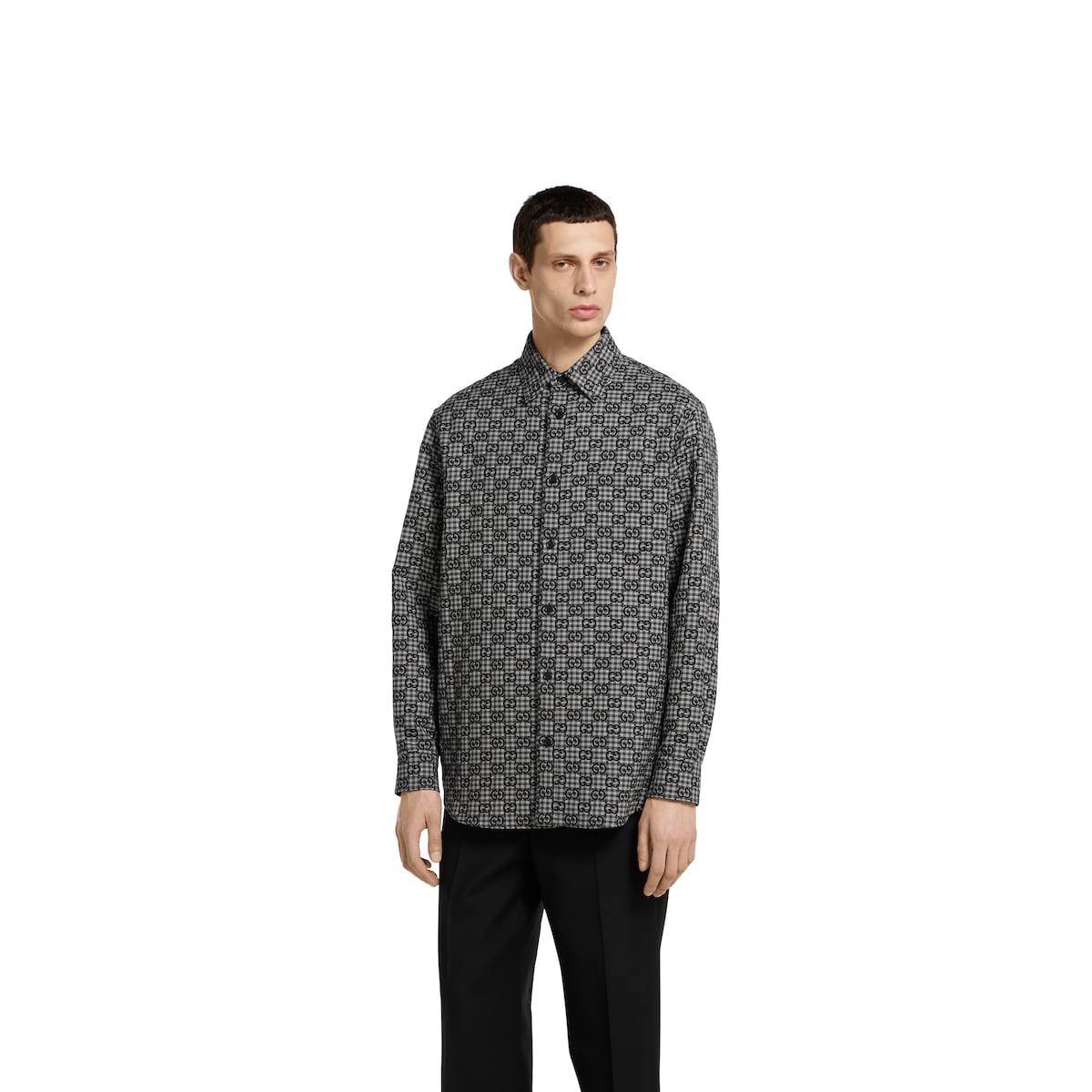 GG gingham cotton wool jacquard shirt in grey and dark grey