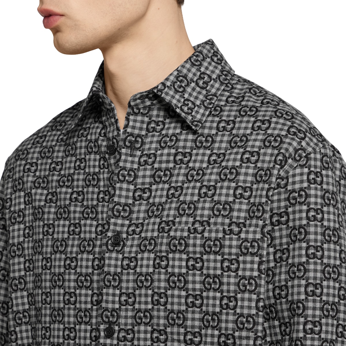 GG gingham cotton wool jacquard shirt in grey and dark grey