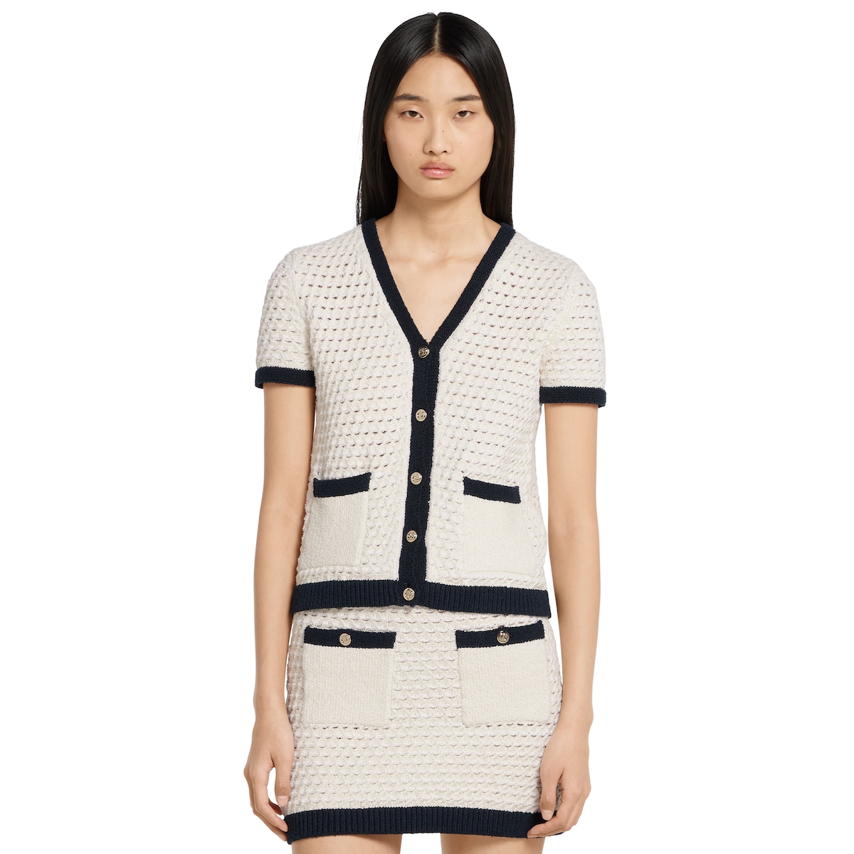 Fine cotton crochet cardigan in white and navy | GUCCI® US