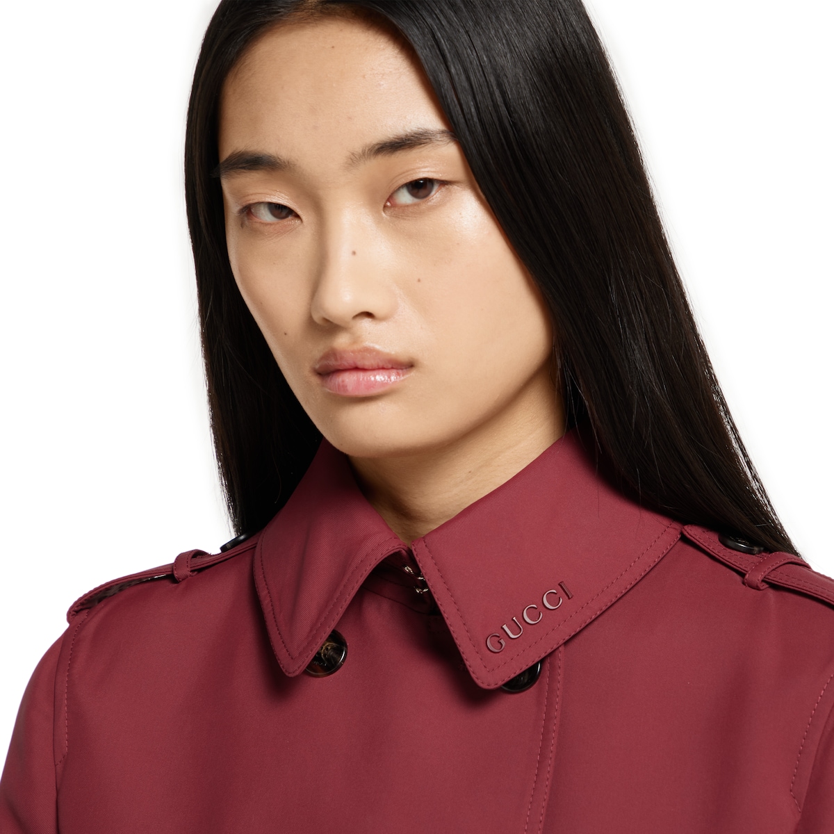 Double gabardine trench coat in burgundy | GUCCI® US