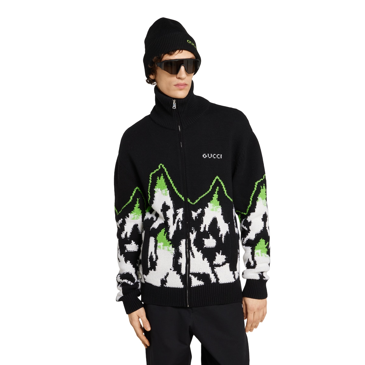 Wool jacquard zip jacket with intarsia in black and Wool jacquard zip jacket with intarsia in black and