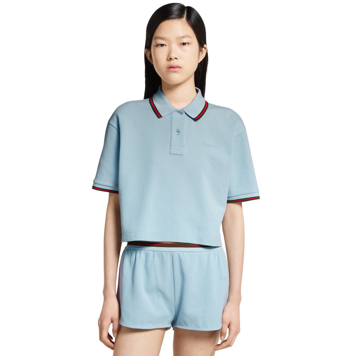 Cotton piquet polo shirt with Web in light blue | GUCCI® US