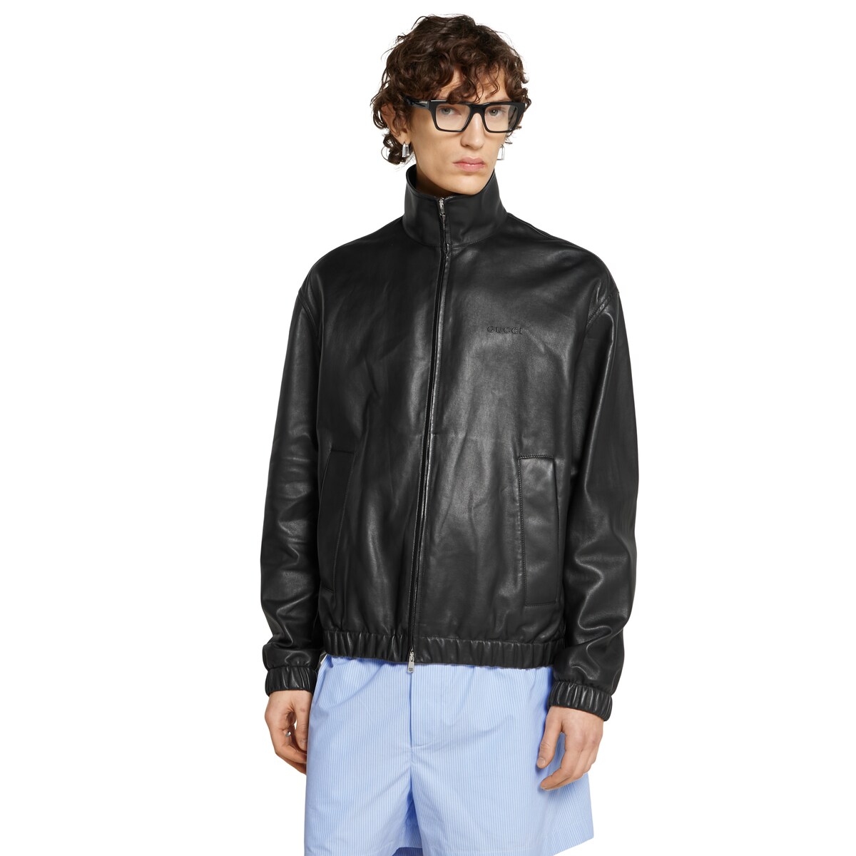 Leather bomber jacket with logo in black | GUCCI® SI