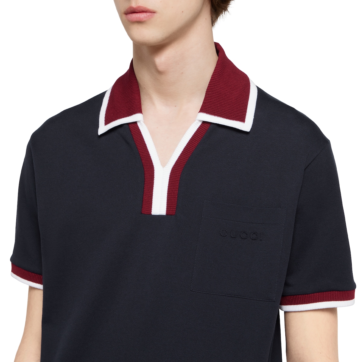 GUCCI ポロシャツ コットンピケ　ネイビー ストライプ サイズM Cotton polo shirt with GG embroidery in dark blue | GUCCI® US