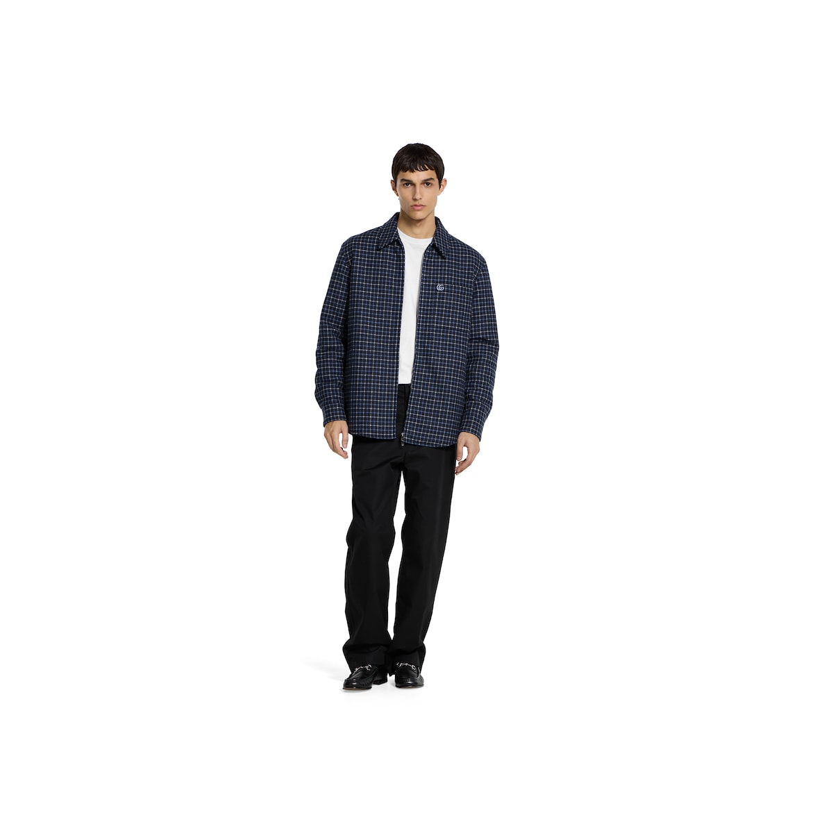 Wool flannel zip jacket with embroidery in dark blue and white