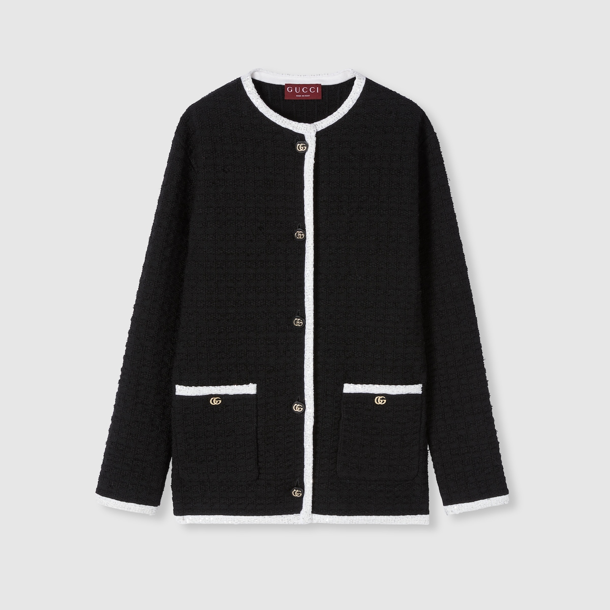 GUCCI ニットジャケット M 白黒　銀ボタン Tweed wool cardigan with embroidery in black and white | GUCCI® US