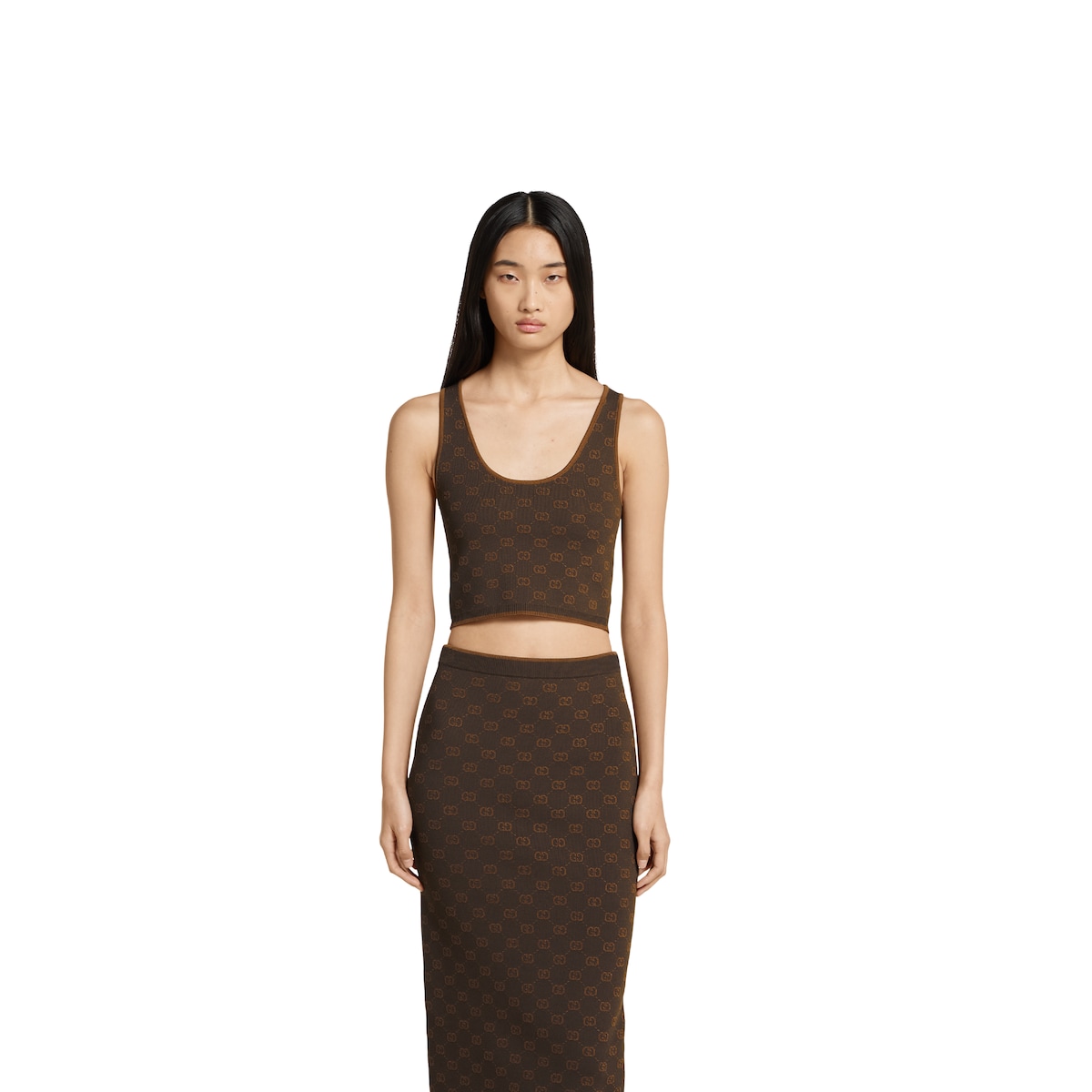 Stretch GG viscose jacquard tank top in dark brown | GUCCI® US Stretch GG viscose jacquard tank top in dark brown | GUCCI® US