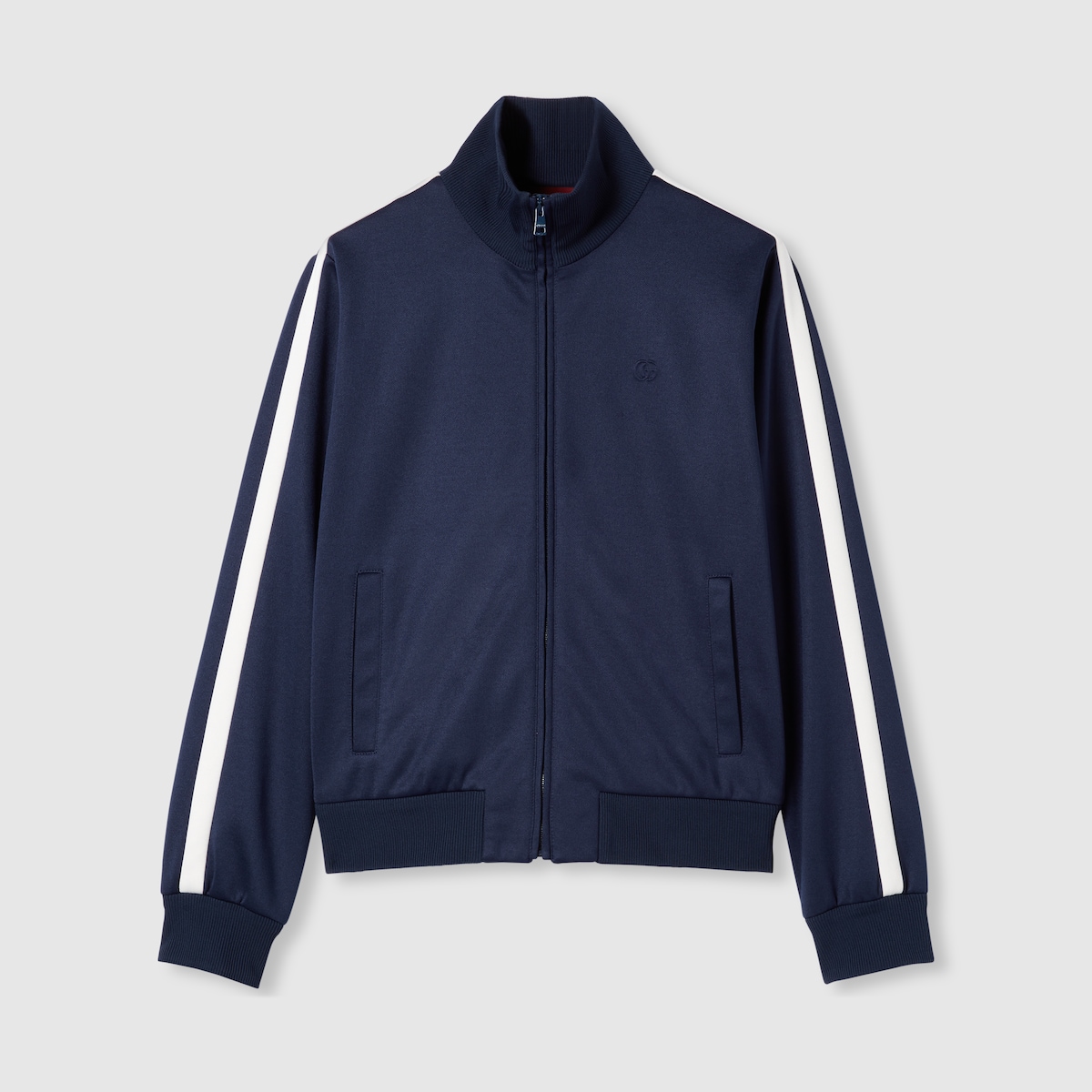 Technical jersey zip jacket with embroidery in dark blue