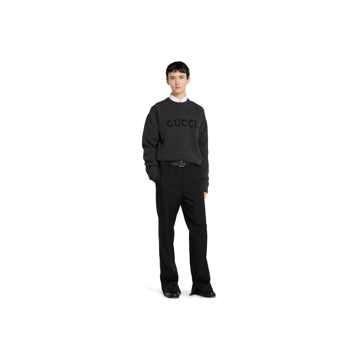 Wool cashmere rib knit sweater in dark grey and black | GUCCI® US