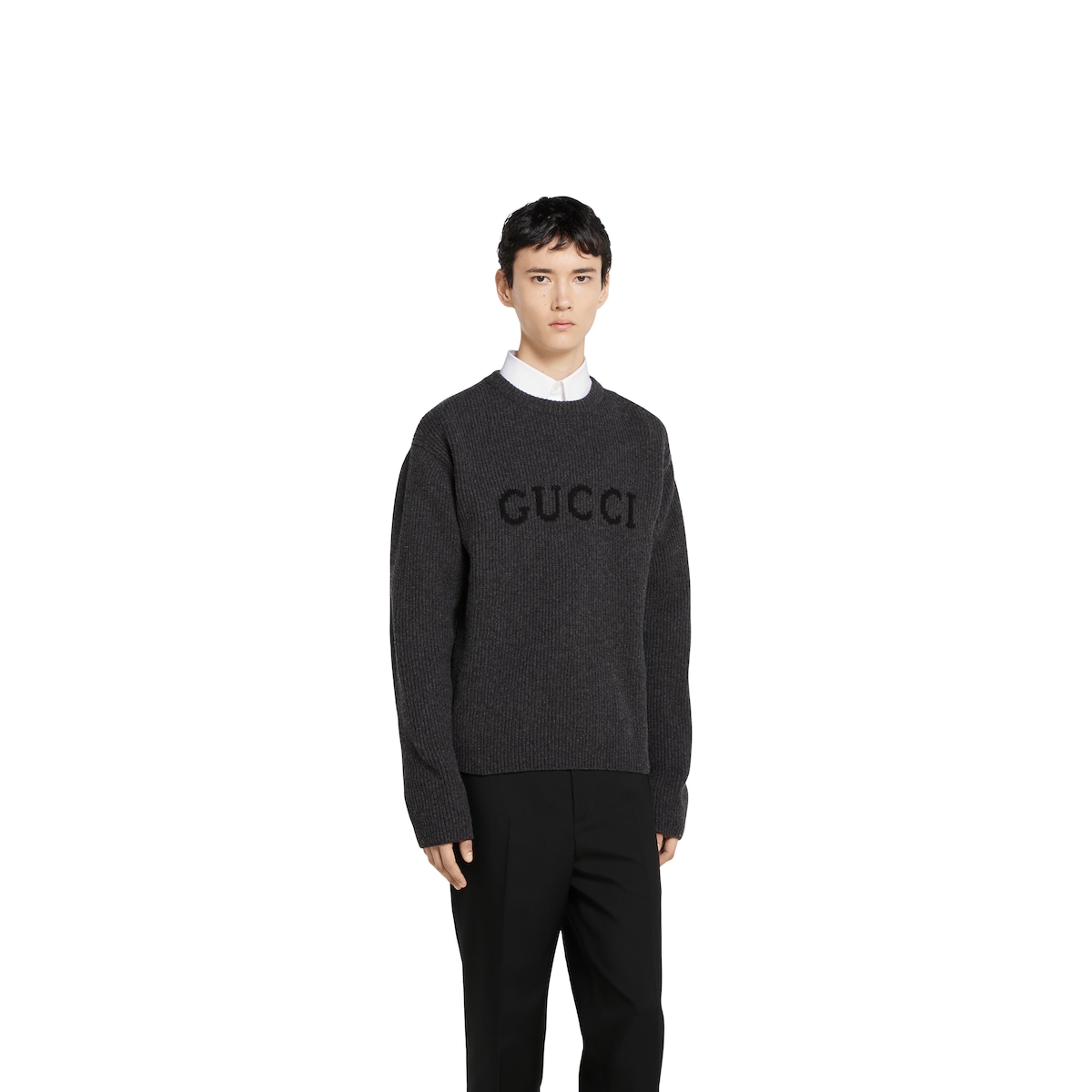 GUCCI メンズ カシミア ダークグレー セーター　M Wool cashmere rib knit sweater in dark grey and black