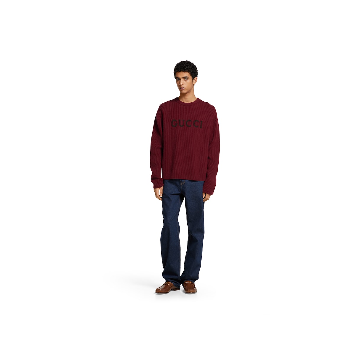 Wool cashmere rib knit sweater in Rosso Ancora and brown | GUCCI® US