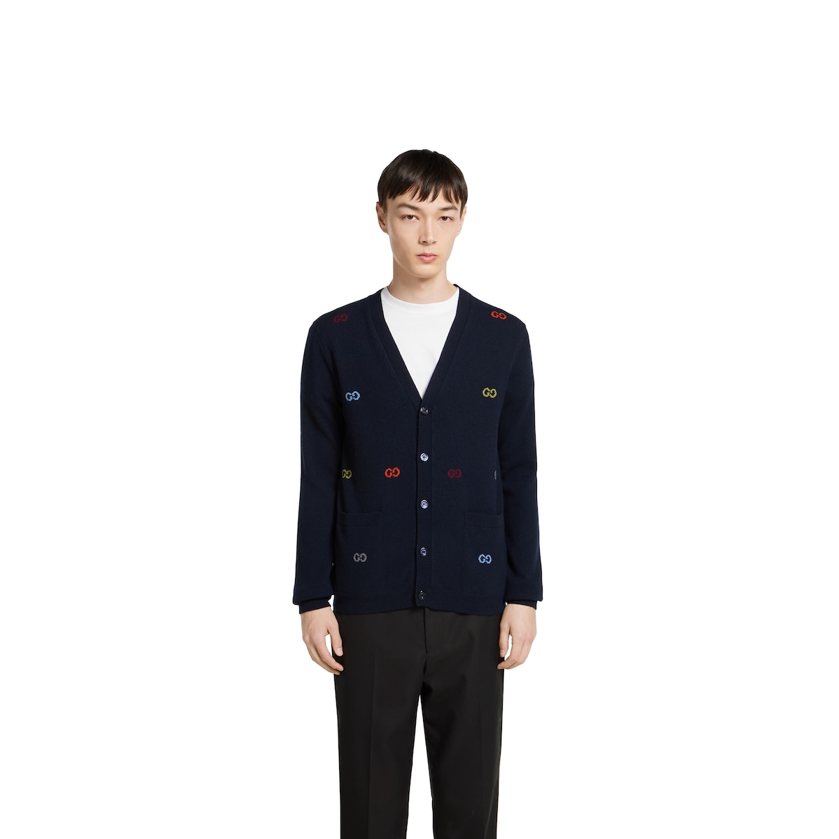 Fine cashmere cardigan with intarsia in navy | GUCCI® CA