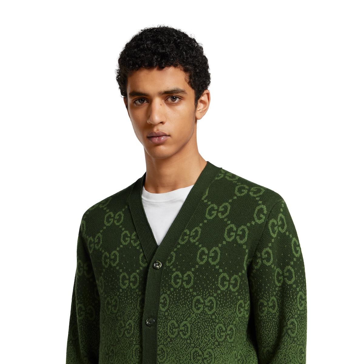 GG wool jacquard cardigan in gradient forest green to green