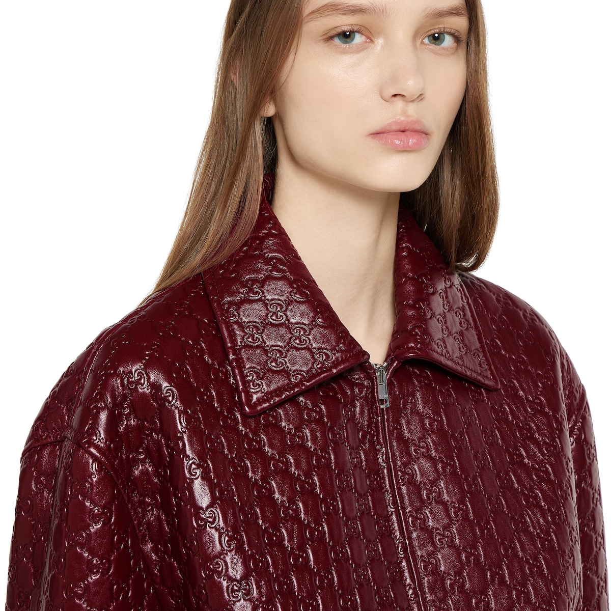 Oversize embossed GG leather jacket in rosso ancora red | GUCCI® US