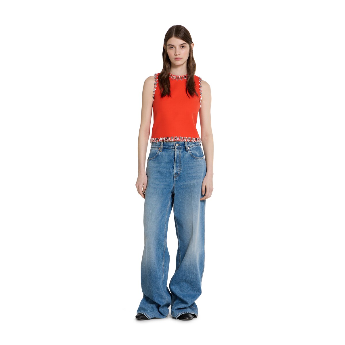 Crêpe wool silk top with embroidery in bright orange | GUCCI® US Crêpe wool silk top with embroidery in bright orange | GUCCI® US