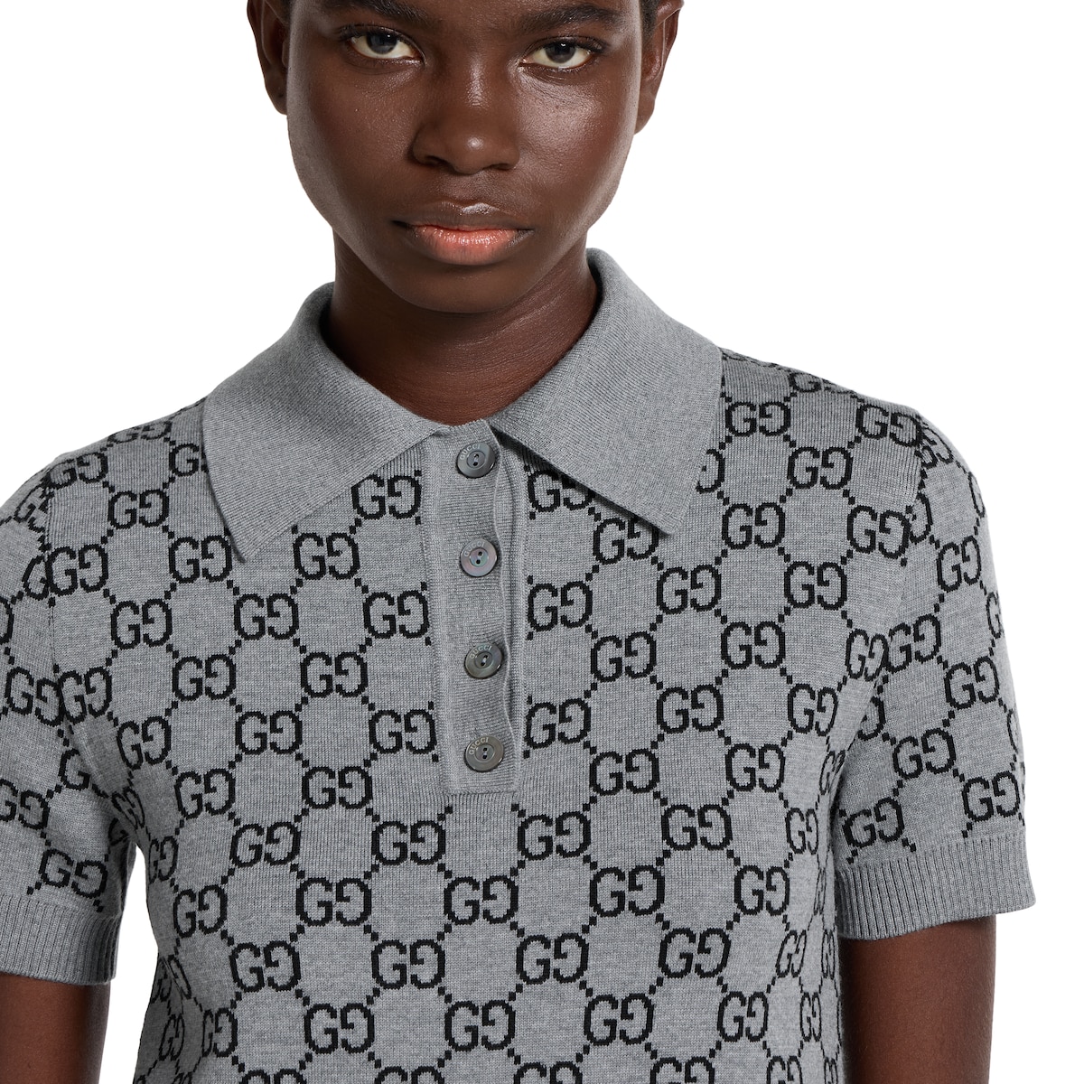 GG wool jacquard polo dress in grey and black | GUCCI® UK