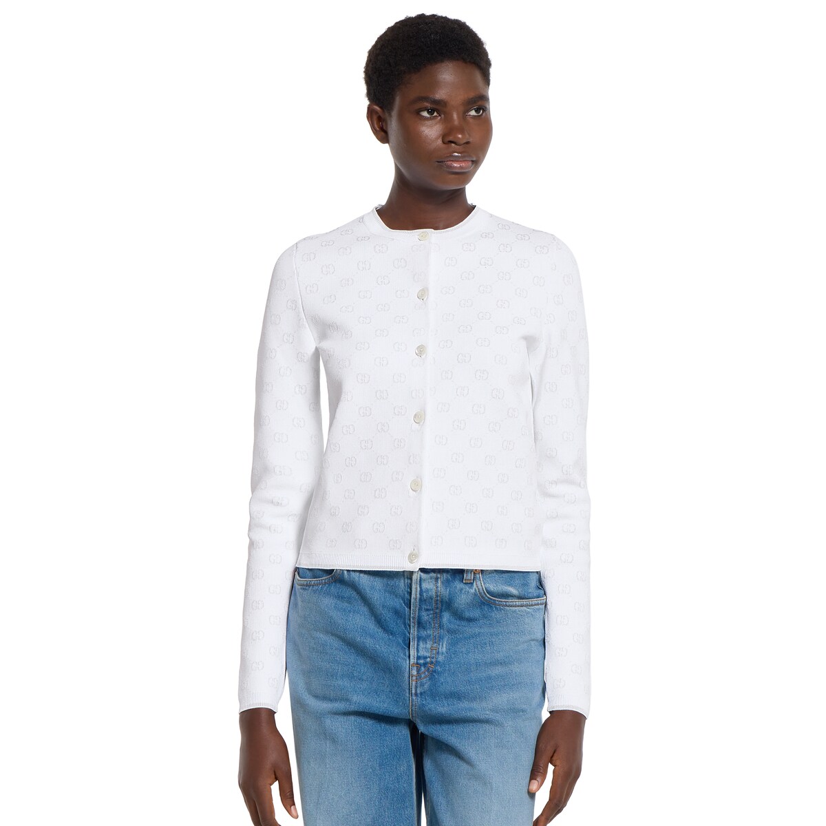 ストレッチ GGヴィスコースジャカード カーディガン ・ホワイト