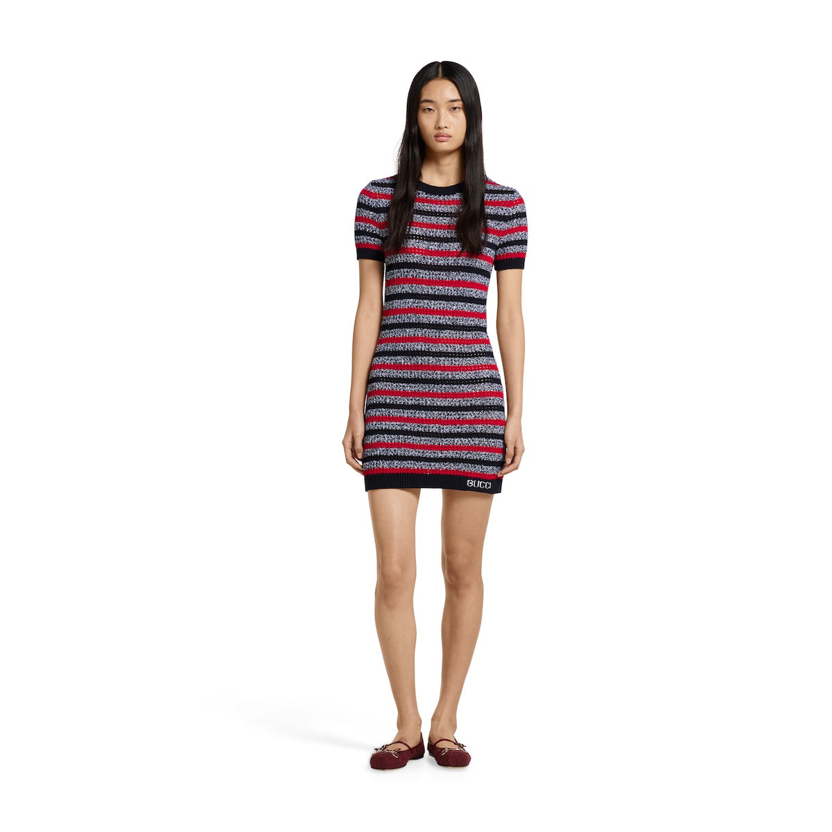 Striped fine cotton knit dress in navy and red | GUCCI® US