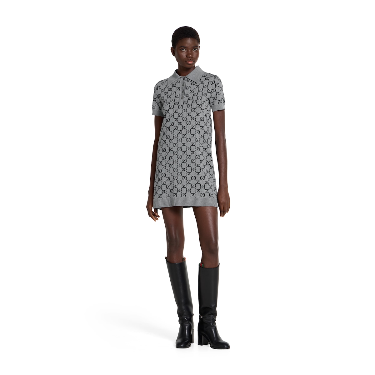 GG wool jacquard polo dress in grey and black | GUCCI® UK