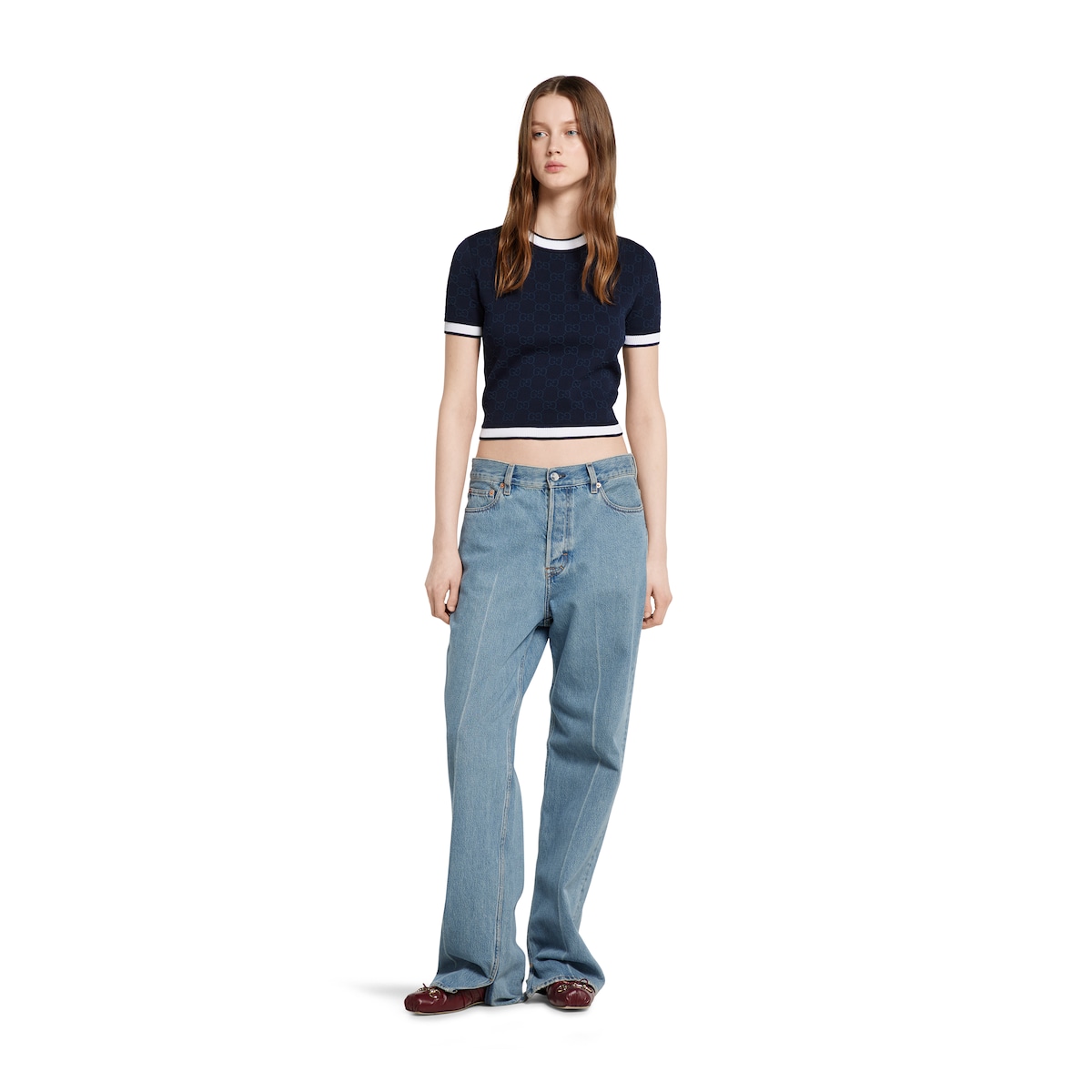 GG fine cotton jacquard top in navy and white | GUCCI® US