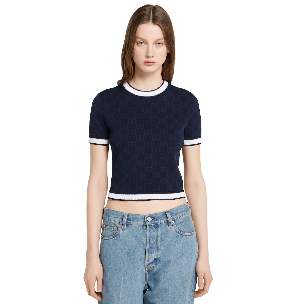 GG fine cotton jacquard top in navy and white | GUCCI® US