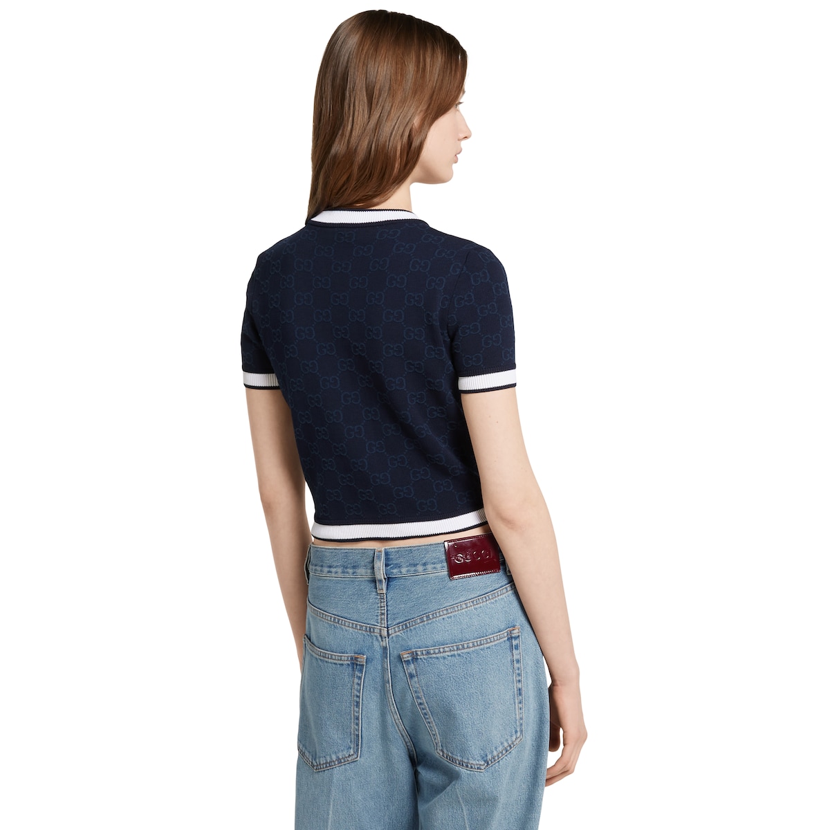 GG fine cotton jacquard top in navy and white | GUCCI® US