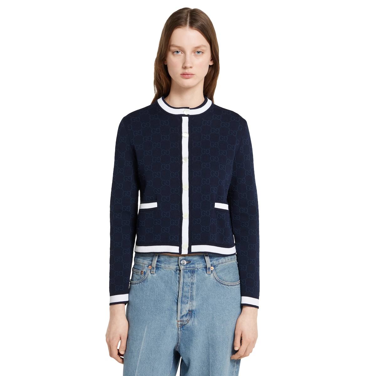 GG fine cotton jacquard cardigan in navy and white | GUCCI® US