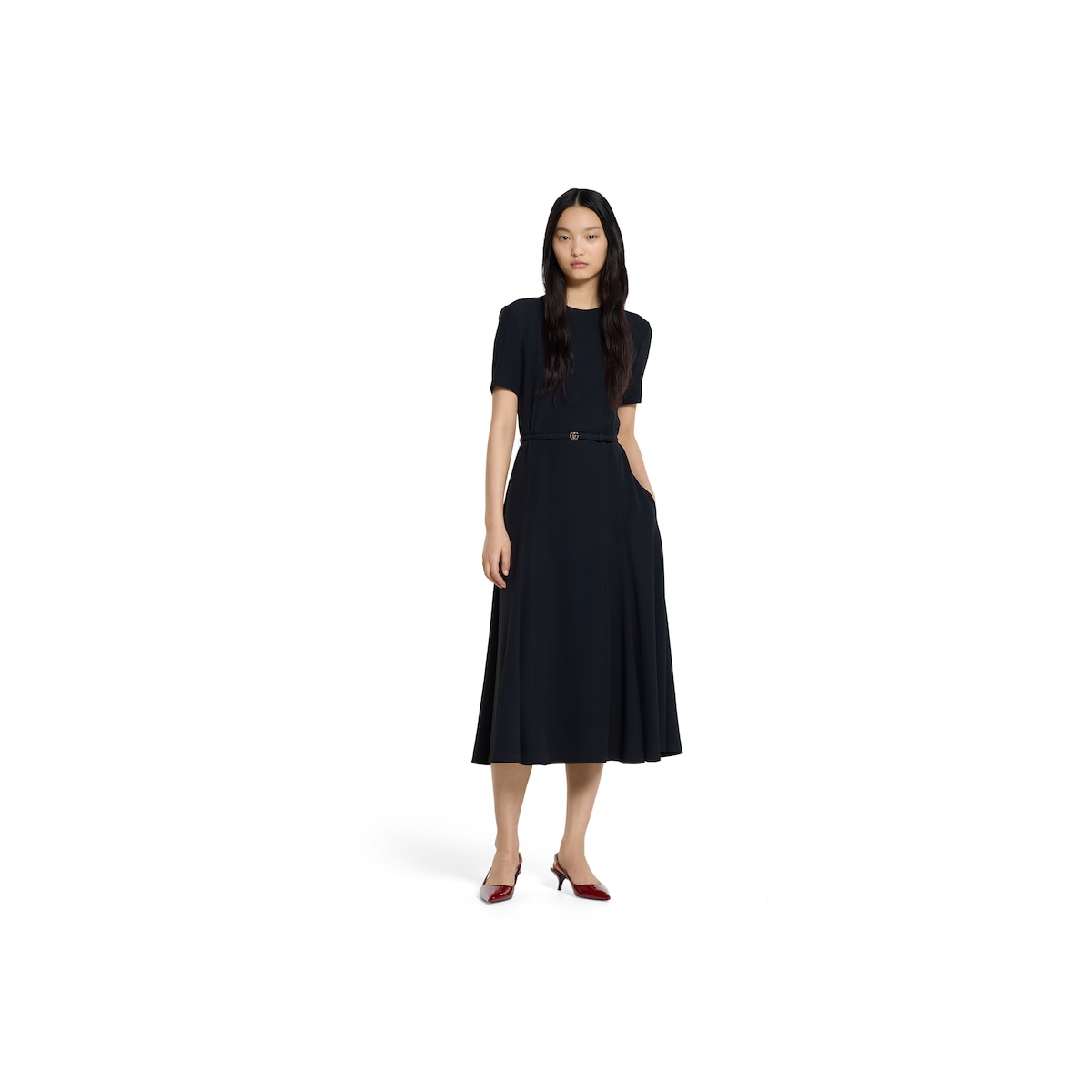 Satin dress with Double G belt in black | GUCCI® US