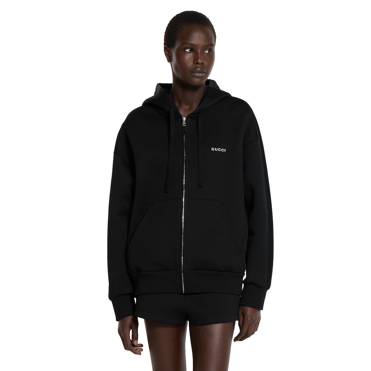 Cotton jersey hooded zip sweatshirt in black | GUCCI® US