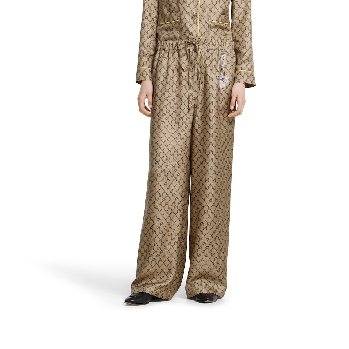 ハヨン ꕤ*.゜ GG silk twill pants with print in beige and dark brown