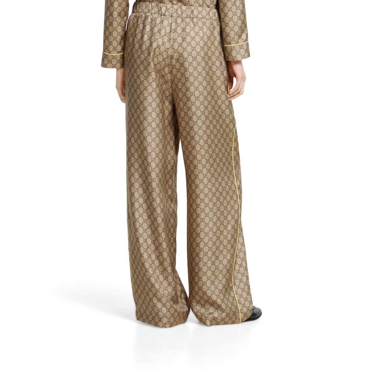 GG silk twill pants with print in beige and dark brown