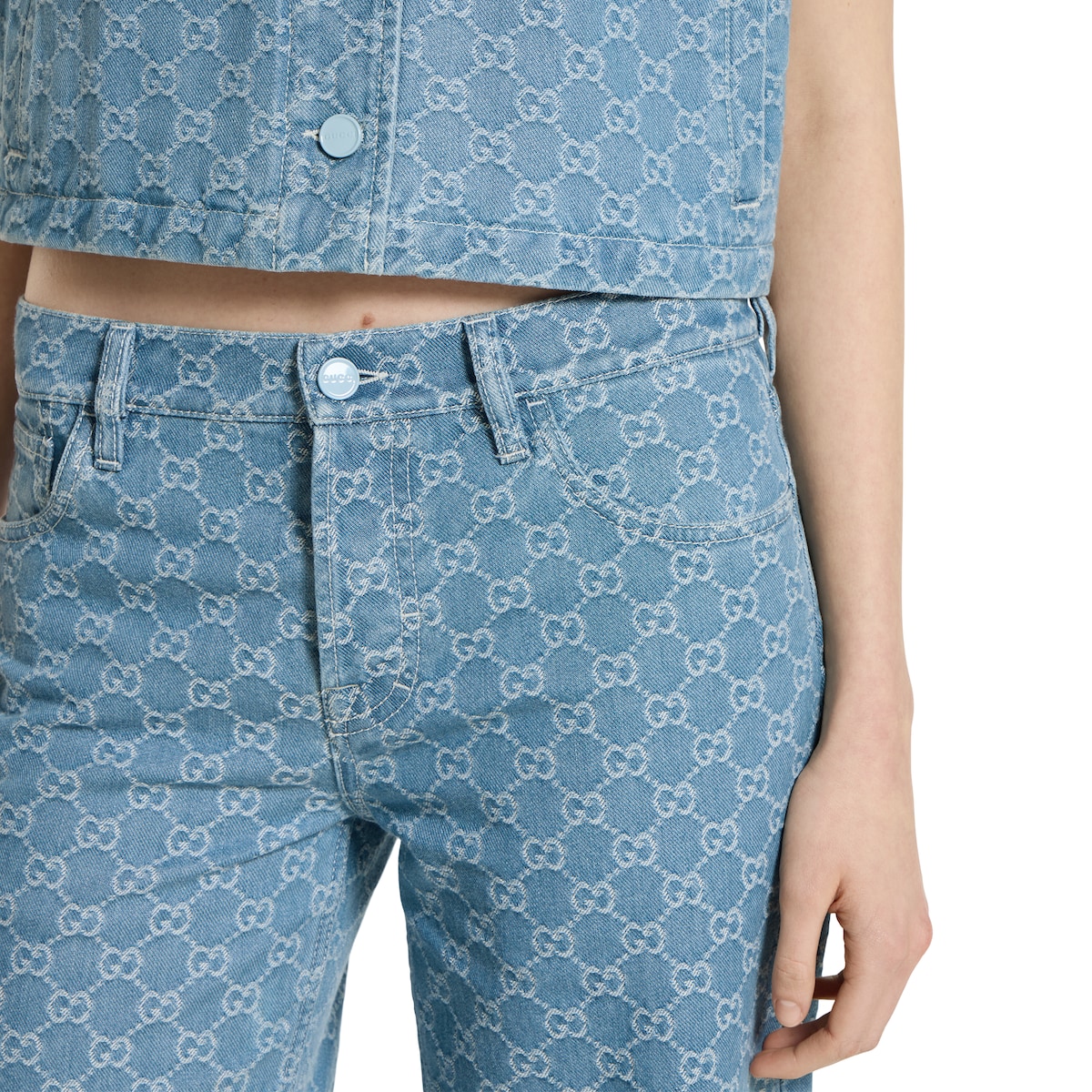 GG denim jacquard pants in blue and ivory | GUCCI® US