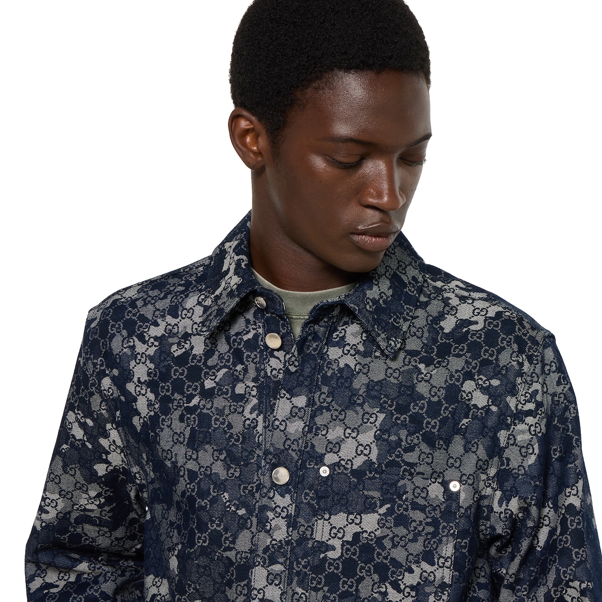 GG jacquard denim shirt in dark blue and ivory | GUCCI® US