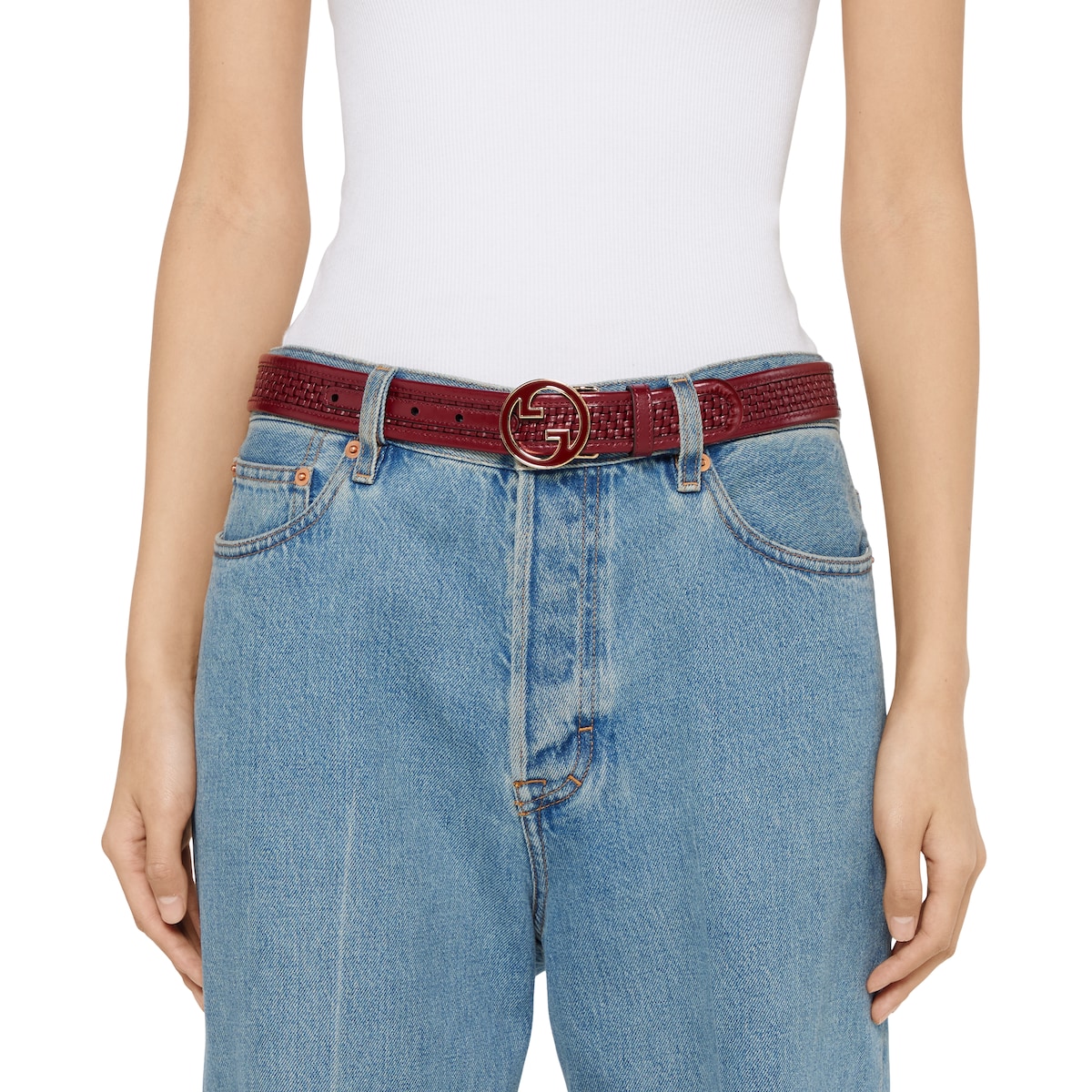 Gucci Blondie wide belt in Rosso Ancora red woven leather GUCCI® CZ