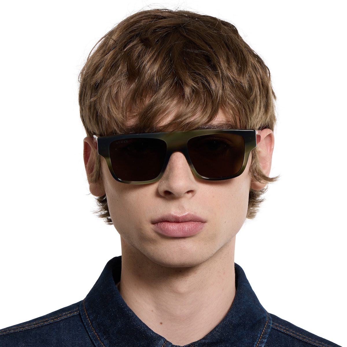 Rectangular frame sunglasses in striped green tortoiseshell