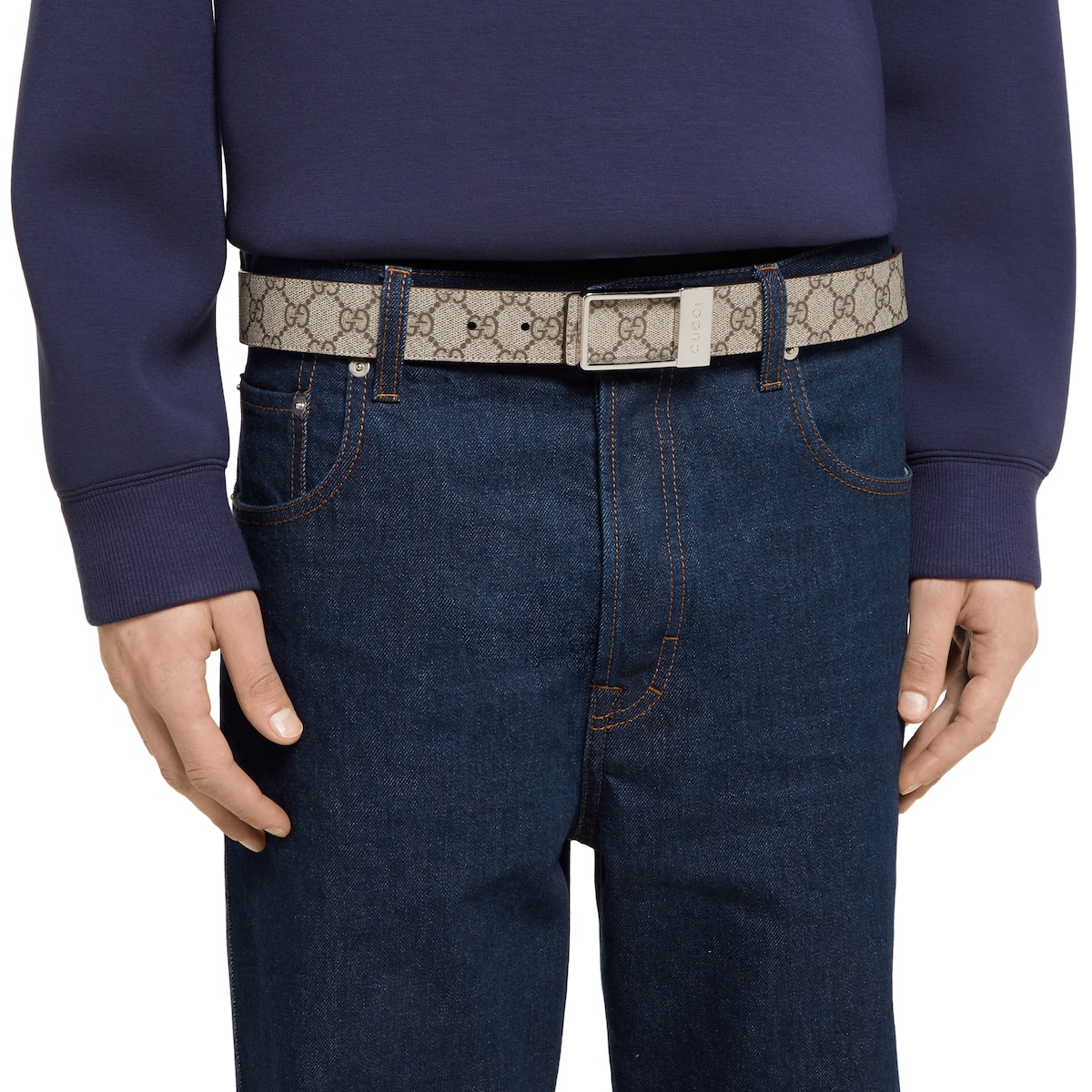 Reversible belt with rectangular buckle in black GG leather and leather - thumbnail 7