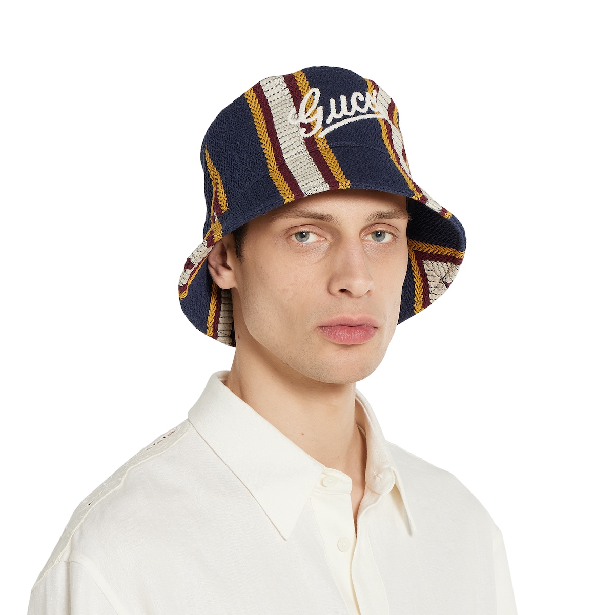 Striped canvas bucket hat with embroidery in dark blue and