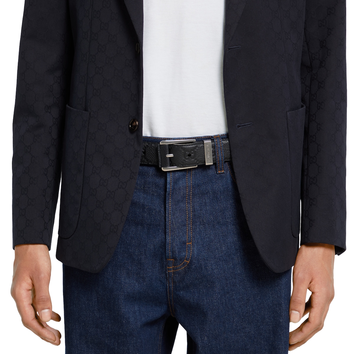 Embossed GG belt with squared buckle in black | GUCCI® US